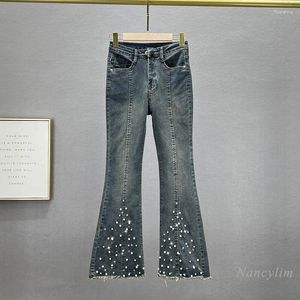 Damenjeans, Perlen-Denim, Schlaghosen, modisch, 2024, Frühling, hohe Taille, schmale Passform, schlankmachend, mit Diamanten eingebettet, ausgefranst