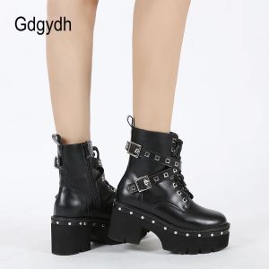 Boots Gdgydh Vintage Rivet Gothic Platform Boots With Strap Faux Leather Ladies Black Chunky Heeled Combat Boots Women Big Size