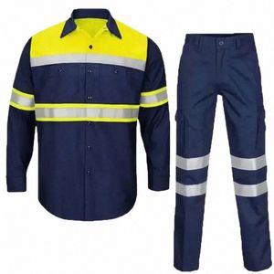 Mann-Arbeitskleidung 100% Cott LG-Hemd mit Ärmeln + reflektierende Streifen-Cargo-Hosen-Set, wasserdicht, schnell trocknend, Mechaniker-Uniform Q12W #