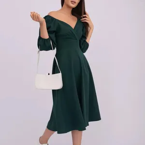 Casual Dresses Women's Dress med solid V-ringning och midja Cinched Bubble Sleeves Elegant Vestido de Gala Mujer Solor klänningar