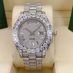 Lüks Erkekler İzle Üç boyutlu Roma Literal Dial Silver Full Rhinestone Paslanmaz Çelik Kayış Otomatik Tarih250W