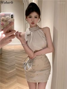 Work Dresses 2024 Womens Two Piece Sets Sexy Summer Clothing Strapless Bandage Temperament Blouses Diamond Mini Skirts Outfits Chic Y2k Suit