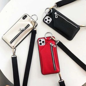 Capas de telefone celular PU Couro Strap Cord Coin Purse Phone Cases para iPhone 14 12 13 XR XS 1115PRO MAX 7 8 PLUS Crossbody Neck Lanyard Wallet Cover H240326