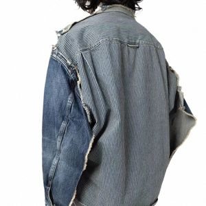 Aboorun Men's Fi Patchwork Cut Striped Denim Jackets Hip Hop Streetwear Overdimensionerade rockar för manlig H9F3#