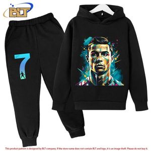 Ronaldo avatar printed childrens sports hoodie set plus velvet sweatshirt pants 2piece for boys and girls 240318