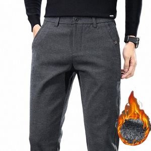 2024 inverno casual masculino lã quente escovado tecido calças busin masculino fino ajuste estiramento grosso veet cott calças plus size e5kP #