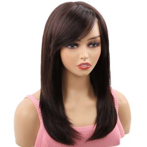 Nataghair longo marrom com franja humano-peruca reta 100% virgem remy encaracolado para branco preto feminino natural olhando perucas de substituição de cabelo