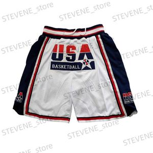 Mäns shorts basketball shorts usa 1992 Symbroderi utomhussportshorts högkvalitativa strandbyxor mesh ventilation vit blå 2023 ny T240325
