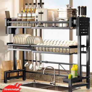 Aufbewahrungsregal über der Spüle Stretchable Schüssel Entlassungsregal Multifunktionales Gericht Messer Löffel Spüle Rack Set Organizer Küche