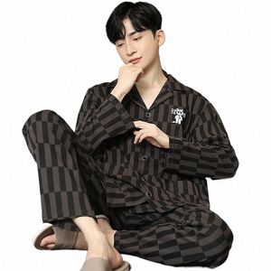 новые мужские пижамы Cott Pajama Sets для мужчин Рубашка Lg с рукавами Pijama Male Fi Soft Домашняя одежда Костюм Большой размер Домашняя одежда b82N #