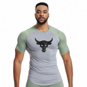 men T-shirt High Elasticity Project Rock Bull Head Print Fitn Clothing Patchwork Tight Sports Gym Short Sleeve Male Tees Tops j7Yh#