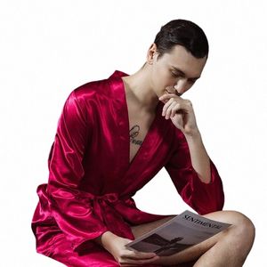 Homens Camisola Kimo Ice Silk Pijamas Mid-Length Impressão Noivo Best Man V Neck Home Clothing Loose Homewear Nightwear 27rM #