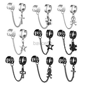 Hoop Huggie 1 piece of stainless steel clip earrings suitable for men women punk cross star skull non perforated fake earrings chain hanging earrings 240326