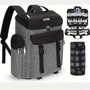 1pc Picnic Backpack Set 4 or 2 Person, Insulated Bag with Leak-proof Cooler Compartment, Wine Bottle Holder, Fleece Blanket, Picnicware, Perfect for Beach,