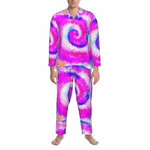 Ombre Tie Dye Pajamas 수컷 무지개 소용돌이 편안한 집 잠옷 가을 가을 2 조각 레트로 대형 그래픽 파자마 세트 x4m0#