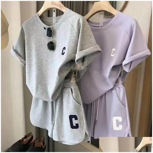 Womens Tracksuits Casual Sports Suits Women Summer Short T-Shirt Tops Wide Leg Shorts Fashion Running Two Piece Sets Sporty Outfit Dro Ot10R