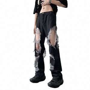 new Y2k Distred Men Broken Hole Jeans High Street Hip Hop High punk Straight Loose Trousers Wed Mop Pants O3OY#