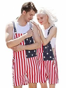 Summer American Flag Men's Jumpsuits Star Printed Women's Jeans Overalls Casual Light Weight Surpender Shorts Byxor T9ar#