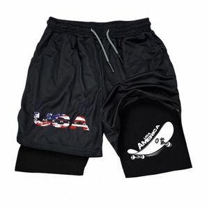 men's Double Layer Fitn Shorts USA Letter Print Shorts Summer Gym Training 2in1 Sports Quick Dry Workout Jogging Short Pants m8pP#