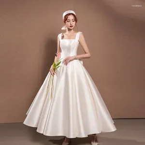 Vestidos de pista branco cetim vestido de casamento grande arco sem costas nupcial simples elegante rendas até longo formal noite personalizado