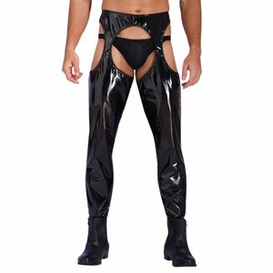 men Wet Look Leather Pants High Waist Crotchl Open Butt Sexy Hollow Out Skinny Trousers Solid Color Cutout Leggings Clubwear Z7fz#