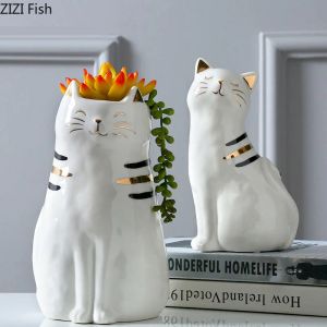 Filmer söta kattblomma krukor dekorativ keramisk vas förgyllda vaser för blommor kattunge blomma arrangemang krukväxt växter nordisk heminredning