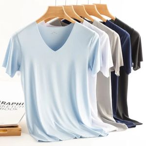 Verão fino senhoras gelo seda sem costura manga curta com decote em v camiseta de algodão básico t homens dentro magro meia manga tees M-5XL 240325