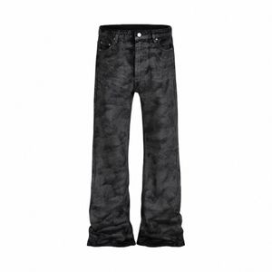 high Street Hand Brushed Glue Sparkling Baggy Flare Jeans for Men Y2k Pantales Hombre Leather Pants Oversized Denim Trousers C2Z8#