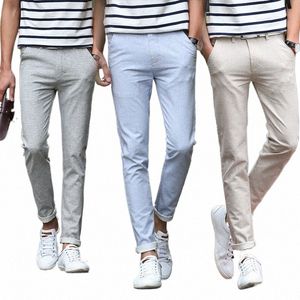 2023 Summer Thin Men's Linen Casual Pants Youth Slim Straight Stretch Breattable Trousers F2UQ#