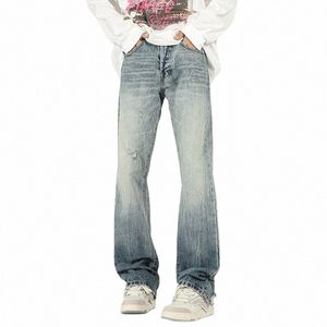 wed straight tube ruffled slightly flared jeans men's American trendy brand slim wide leg lg pants jeans men H5Kd#