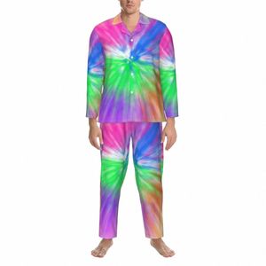 Tie Dye Art Пижамы Мужские красочные принты Kawaii Повседневная одежда для сна Осень 2 шт. Повседневные свободные пижамные комплекты больших размеров D3AE #