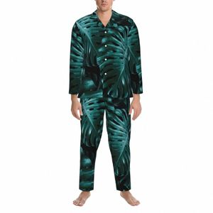 Tropical Mstera Pijama Set Jungle Night Leaves Trendy Pijamas Men LG-Sleeve Loose Room 2 Pieces Home Suit Tamanho Grande 2XL o7ru #