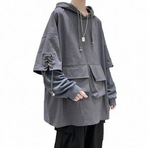 2021 Frühling Männer Streetwear Taschenfracht Mit Kapuze Hoodies Herren Koreanische Harajuku Genähte Ärmel Sweatshirts Männliche Hip-Hop-Kleidung x6Ai #