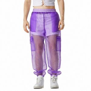 2023 Men Pants Mesh Transparent Joggers Sexy Streetwear Elastic Waist Trousers Men Loose Pockets Fi Pantal S-5XL INCERUN v3eh#