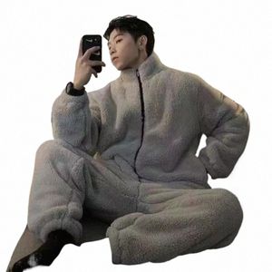 Vinter ny korallfleece varm man pyjamas runda nacke cardigan 2 bit outfit set mans fi fasta färg pyjama set för man v2em#