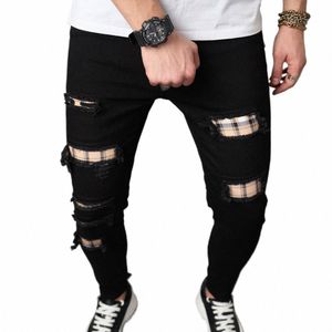 men New Streetwear Ripped Patch Slim Jeans Trousers Stylish Male Holes Casual Pencil Denim Pants Z48G#