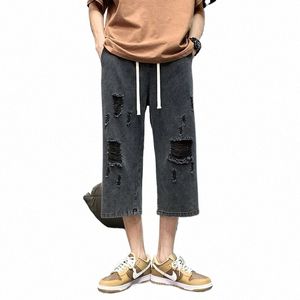 Mäns denim shorts street hip-hop rivna denim shorts elastisk midjeband lösa raka klippta byxor tunna över knä casual byxor v9rd#