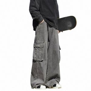 Vintage Y2K Bolsos Perna Larga Baggy Jeans Homens Streetwear Straight Denim Cargo Calças Sólidas Hip Hop Harajuku Wed Pantales K5Ev #