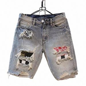 Summer Men Hole Denim Short Spodnie Fi żebrak ze złomowaniem pięcioczęściowych dżinsów szorty v0ik#