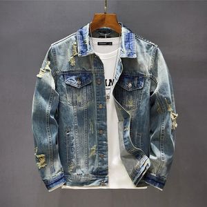 Klassische Herren-Jeansjacke im Retro-Stil, gewaschen, Distressed-Loch-Riss-Jeans, lässig, schmal, langärmelig, Motorrad-Jeansjacke, 5XL, 240319