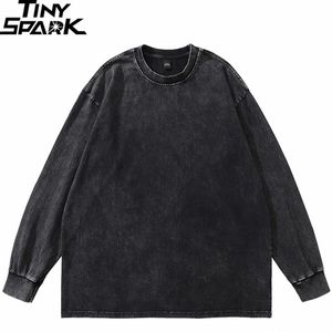 Hip Hop Streetwear вымытая черная простая футболка винтажная футболка Harajuku Осень мужчина хлопковая футболка с длинным рукавом твердый цвет 240319