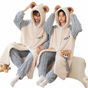 2024 kapüşonlu çiftler pijama seti kadınlar erkekler kış kalınlaştırıcı 2 adet set pijama pijamalar seti seti Kore ev kıyafeti sıcak pijama hoodies v5b0##
