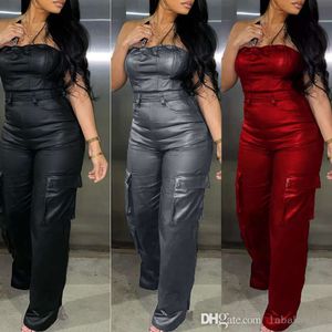 Ny vår sexig jumpsuit bodysuit rompers kvinnor av axel bh tight midje pu läder jumpsuits för kvinnor kläder