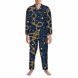 Pijamas Men Golden Chain Print Night Pijamas Digital Art 2 Pieces Retro Pijama Set Lg Sleeve Confortável Oversize Home Suit l9vs #