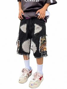 Embroidered Tassel High Denim Men's Street Hip-hop Trendy Brand Ripped Pants European and American Fi Shorts H7QA#