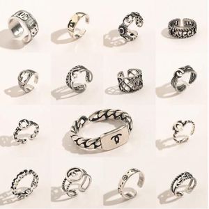 Anéis retrô de marca com letras de marca, anéis femininos banhados a ouro sier, cristal, aço inoxidável, suprimentos de joias de casamento, anel de escultura fina