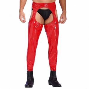 men Sexy Hollow Out Patent Leather Pants Crotchl Open Butt Skinny Trousers Wetlook High Waist Cutout Leggings Clubwear R2Lb#