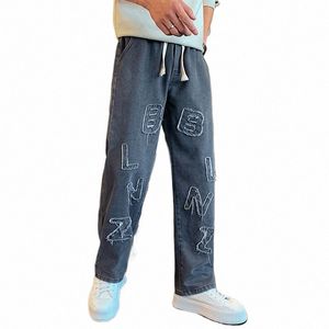 Autumn New Trend Male Grey Wed Straight Leg Jeans/Men Youthful Fi Casual Persalised Letter Patchwork DrawString Pants E6is#