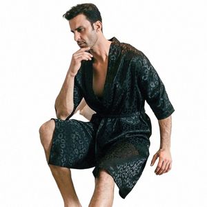 men's Ice Silk Satin Half Sleeves Pajamas Sleepwear Robe Robes Bathrobe Nightgown Plus Size Spring and Autumn Short Sleeves 40he#