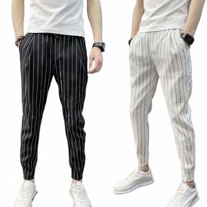 Män harembyxor randiga dragkörning Elastisk midja Slim fit streetwear Spring Autumn Stretch Ankle Bited Pencil Pants for Daily E9MQ#